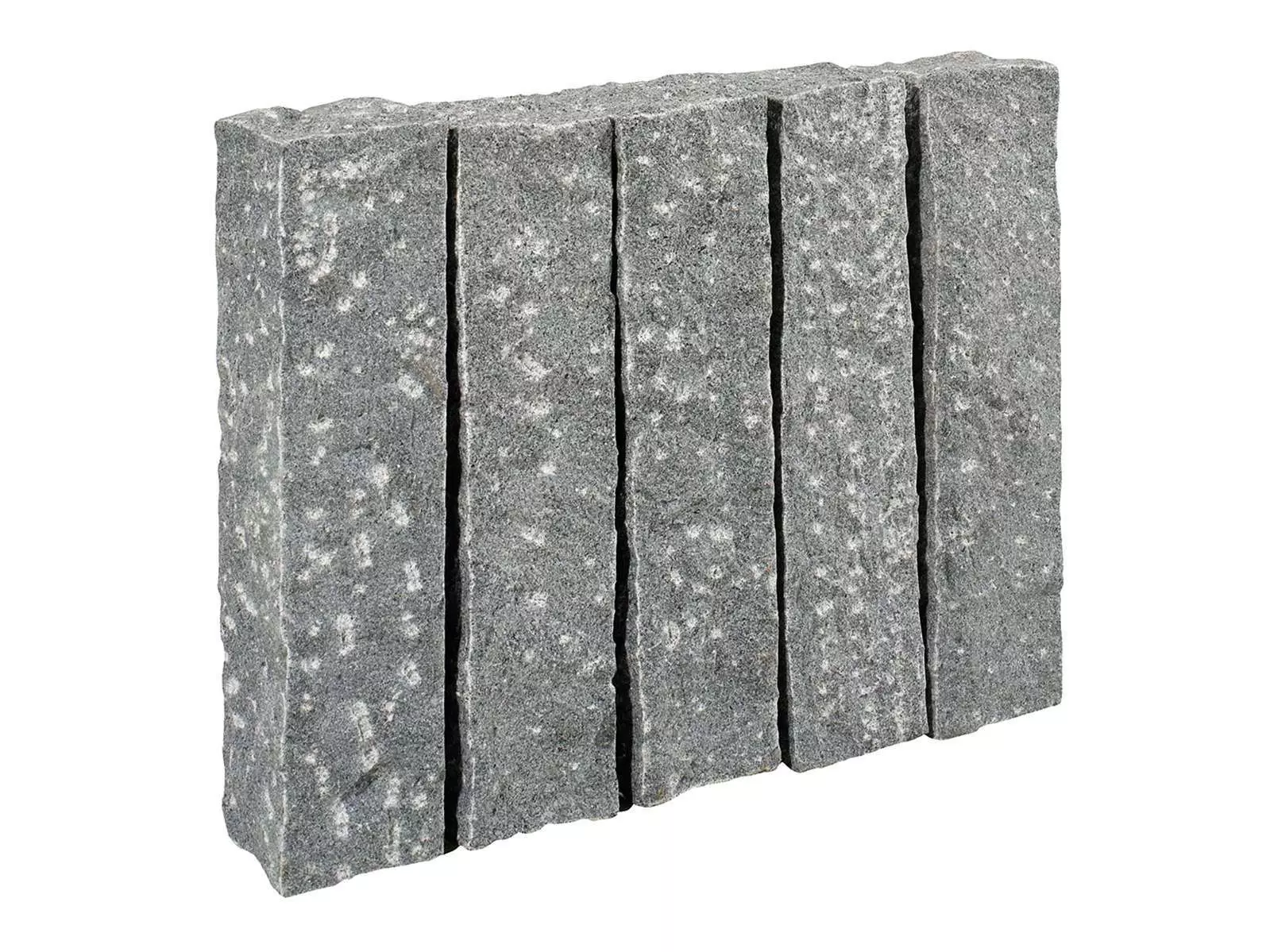 Palisade Granit Kristall anthrazit . Die grob gestockten/gespitzten Granitpalisaden sind handgearbeitet und dennoch relativ maﬂhaltig.